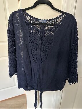 Democracy Navy Crochet Lace oversized tie front Boho Blouse